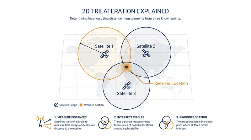 Trilateration uses intersecting spheres of distance to pinpoint a location, requiring three satellites for a perfect 3D fix in an ideal system.