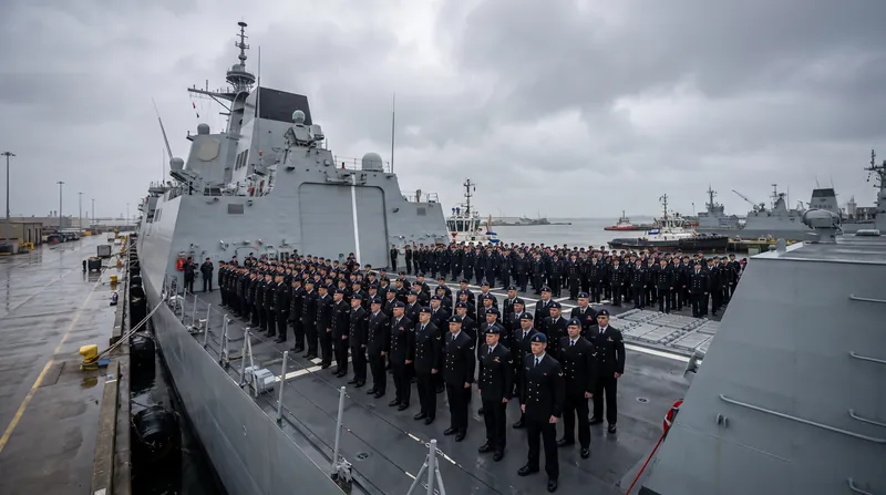A large grey naval destroyer docked at a port with military personnel standing on the deck.