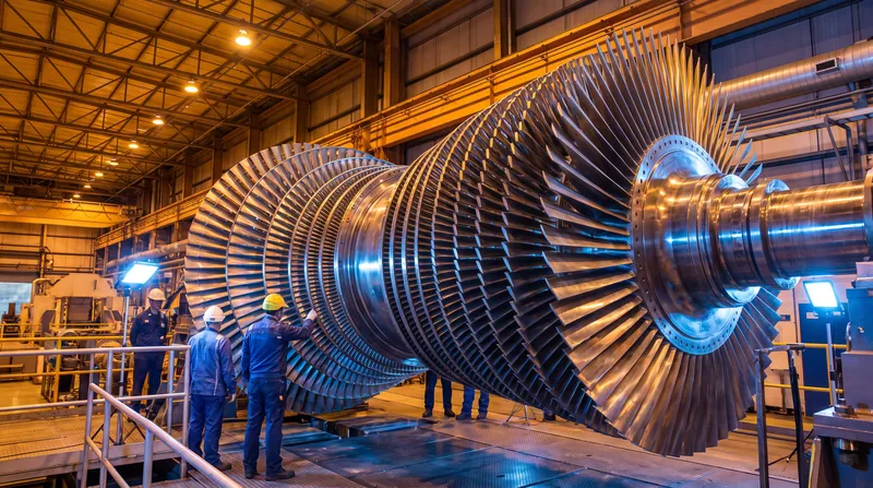 A massive industrial gas turbine rotor with intricately machined metal blades resting in a manufacturing facility.