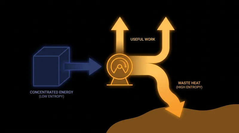 Waste heat is mathematically required to offset the entropy decrease that occurs when heat is converted into ordered mechanical work.
