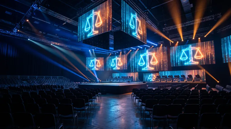 A wide view of a large, empty esports arena with a brightly lit main stage and massive digital screens.
