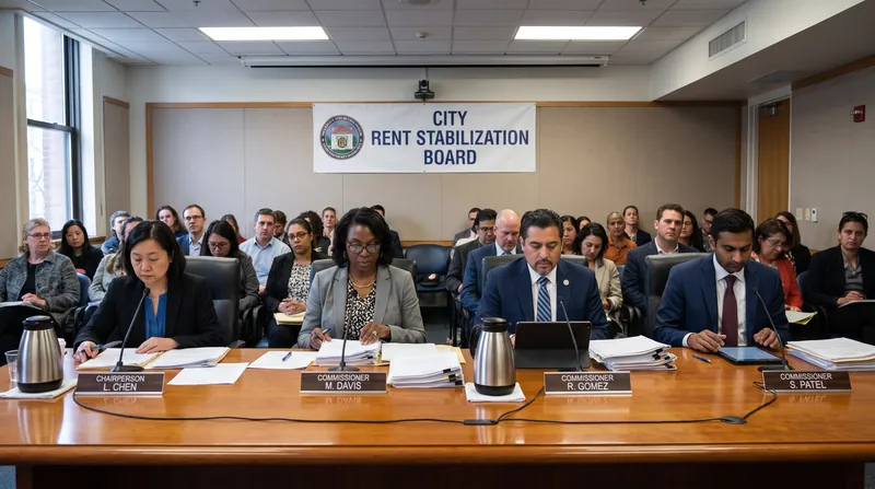 A panel of local government officials sitting at a dais during a rent control board hearing.