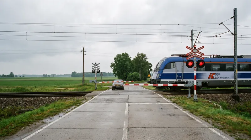 A modern PKP Intercity passenger train approaching a level crossing with flashing red warning lights in Poland.
