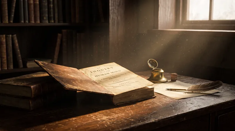 An antique, leather-bound 18th-century book rests on a dark wooden desk next to a brass inkwell.