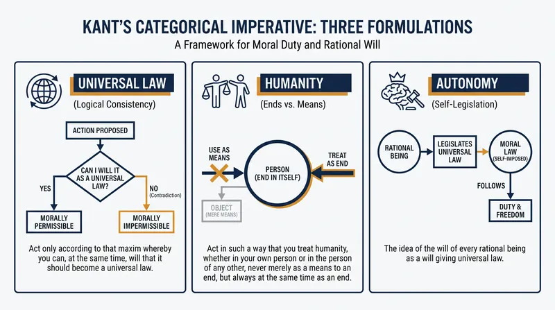 The three formulations of the categorical imperative function as a progressive filter for evaluating moral action.