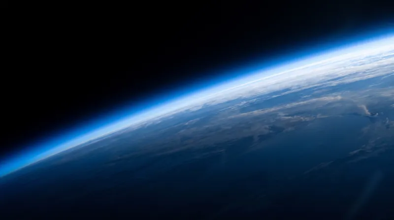 A high-altitude view of the Earth showing the thin blue layer of the atmosphere against the black background of space.