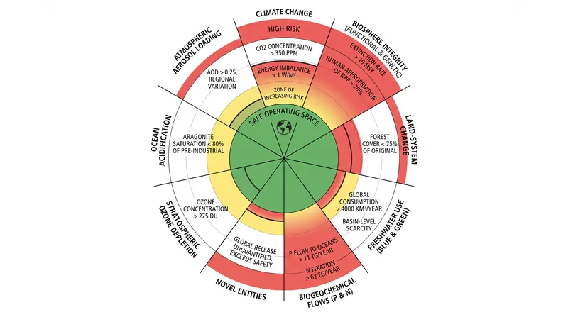 Six of the nine planetary boundaries have currently been breached, moving the Earth system outside the safe operating space.