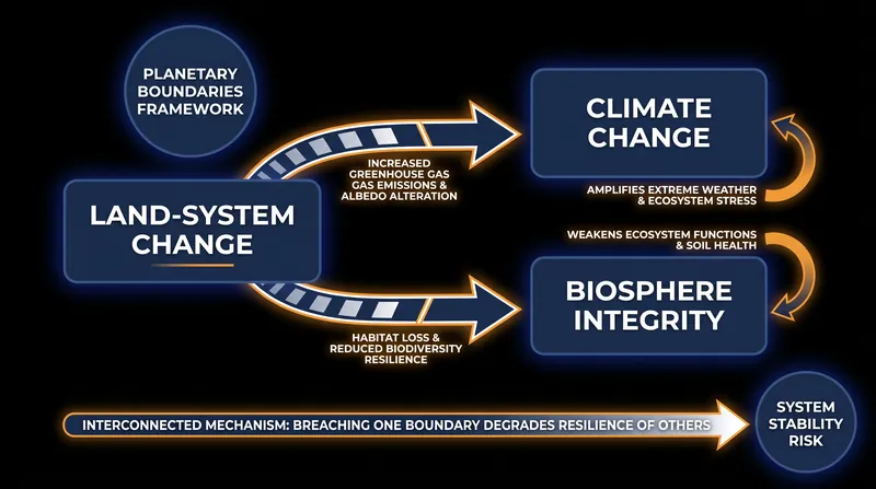 The framework operates as an interconnected system where pressure on one boundary cascades to affect the stability of others.