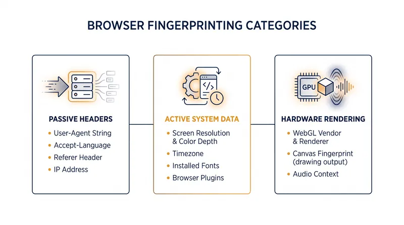 The three categories of data that combine to create a unique browser fingerprint.