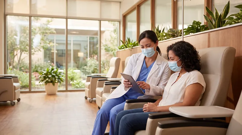A clinician in a modern oncology clinic reviews treatment information on a digital tablet with a patient.