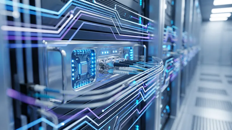 A glowing blue and silver data center server rack with abstract light trails.