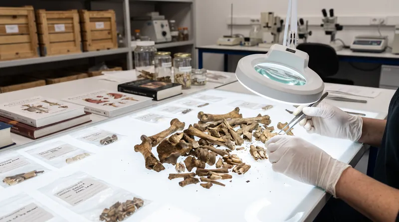 A zooarchaeologist's hands sorting through weathered, fragmented animal bones on a white laboratory table.
