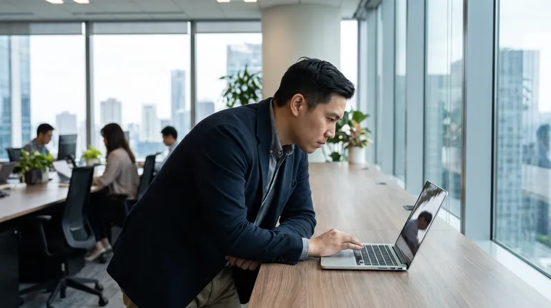 A professional candidate focused on a laptop screen in a modern corporate office environment.