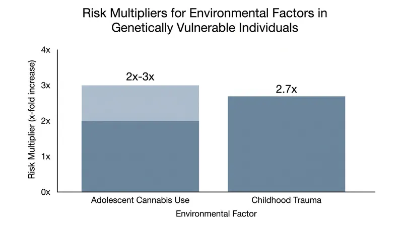 Specific environmental exposures multiply the baseline genetic risk of developing psychotic disorders.