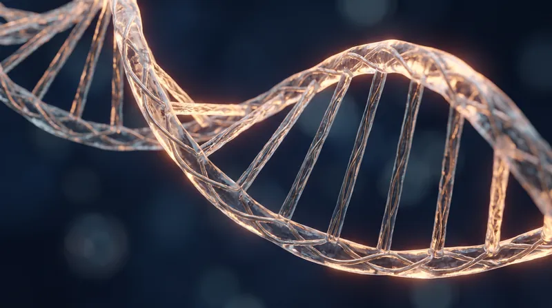 Macro photography of a DNA double helix glowing with amber light against a dark background.