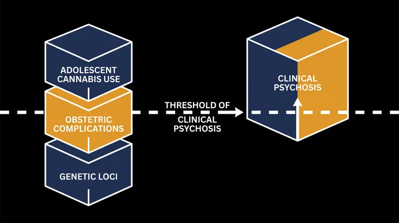 Environmental risk factors are cumulative, compounding the underlying genetic vulnerability over time.