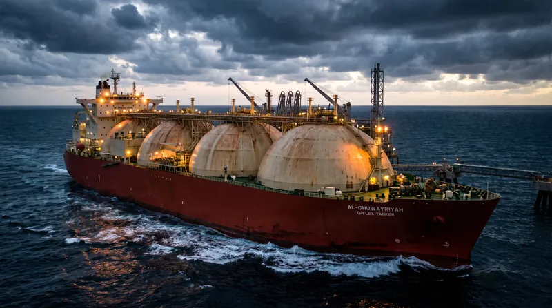 A massive liquefied natural gas tanker ship navigating open waters under clear skies.