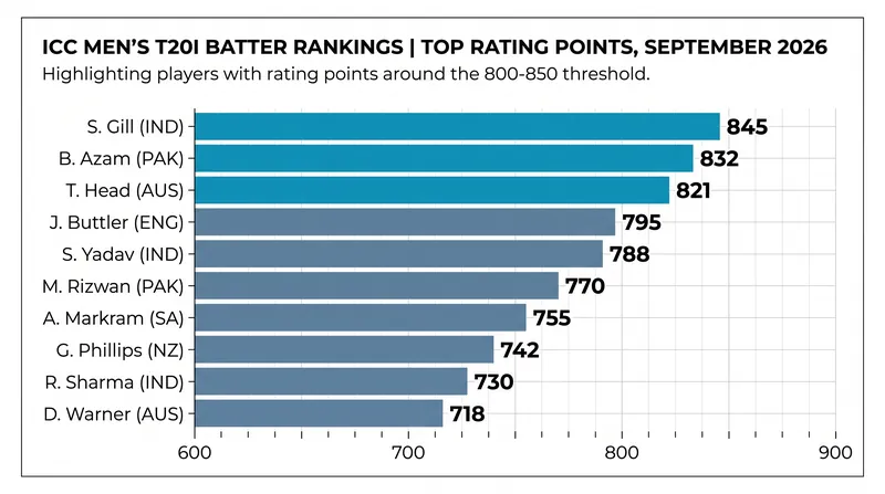 The top tier of the ICC Men's T20I batting rankings remains tightly contested.