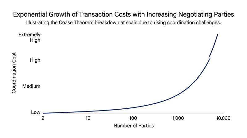 Transaction costs scale exponentially with the number of parties involved, rendering private bargaining impossible for large-scale externalities.