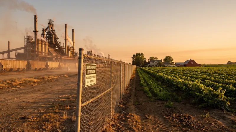 An industrial factory emitting smoke directly adjacent to a green agricultural farm, separated by a fence.