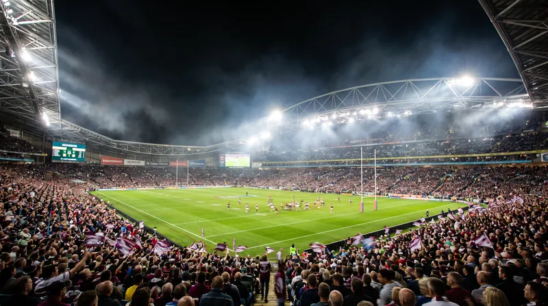 A wide view of a packed rugby league stadium illuminated by bright floodlights at night.