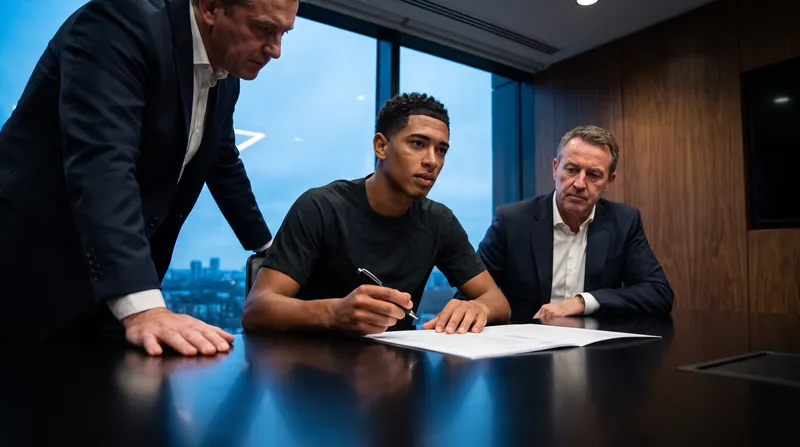 A young professional soccer player signing a contract at a boardroom table alongside two executives.