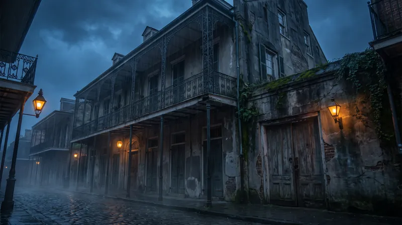 A dark, atmospheric view of a historic French Quarter building with wrought iron balconies at twilight.