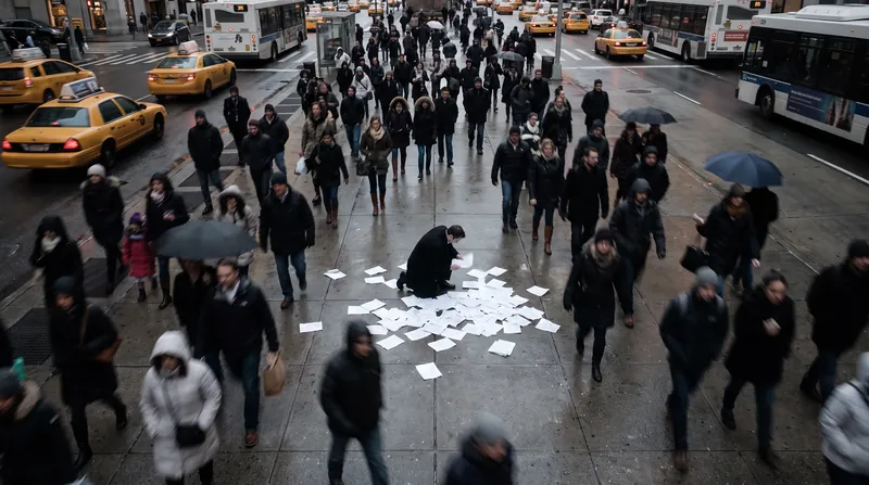 An overhead view of a busy city sidewalk where pedestrians walk past a person who has dropped papers.