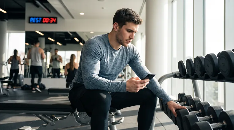 An athlete sitting on a weight bench in a gym, looking at a stopwatch while resting.