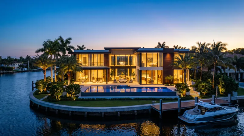 A modern luxury waterfront mansion in South Florida illuminated at twilight with a private dock.
