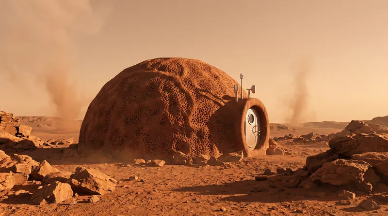 A small dome-shaped structure resembling porous rock sits on red Martian soil.
