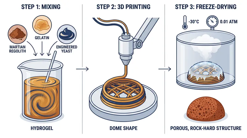 The freeze-drying process leverages the harsh Martian atmosphere to cure the biological binder without applied heat.