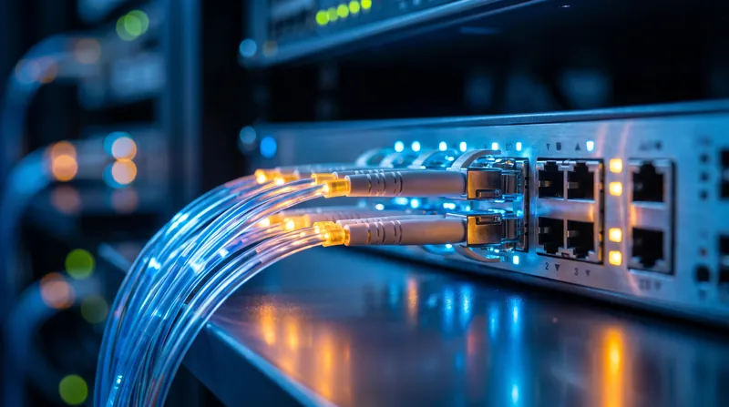 Close-up of glowing blue and amber fiber optic cables plugged into a modern enterprise network switch.