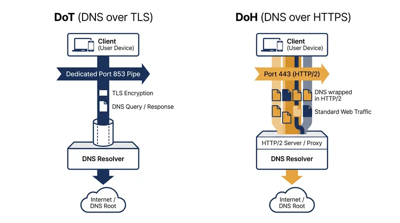 DNS over TLS uses a dedicated port, while DNS over HTTPS hides queries inside standard web traffic.