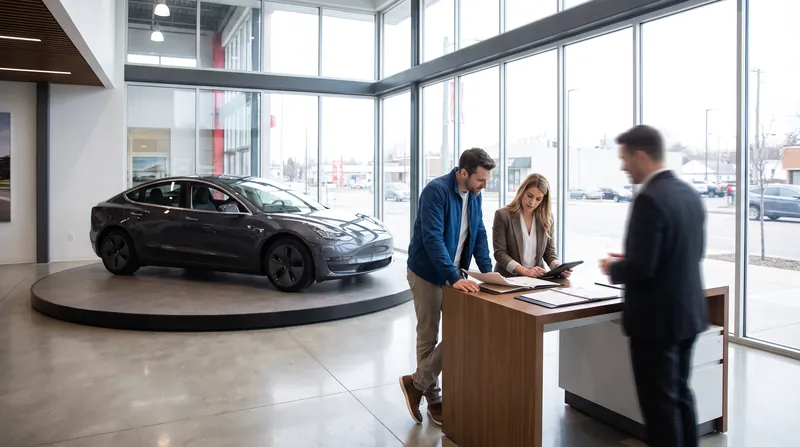 A customer sits at a desk in a brightly lit car dealership, reviewing finance paperwork with a salesperson.