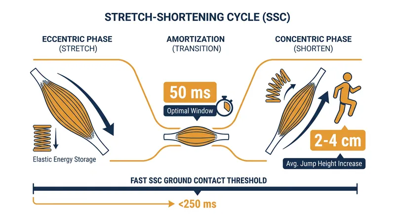 The stretch-shortening cycle relies on a 50-millisecond amortization phase to maximize elastic energy transfer.