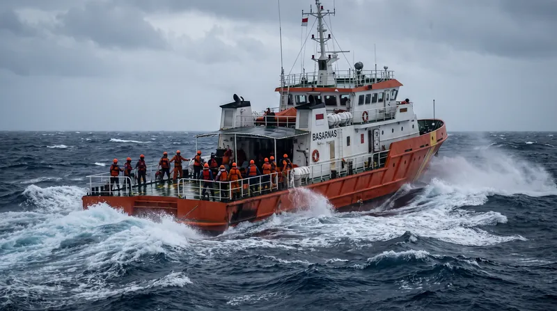 An Indonesian search and rescue vessel navigating through heavy seas with crew members on deck.