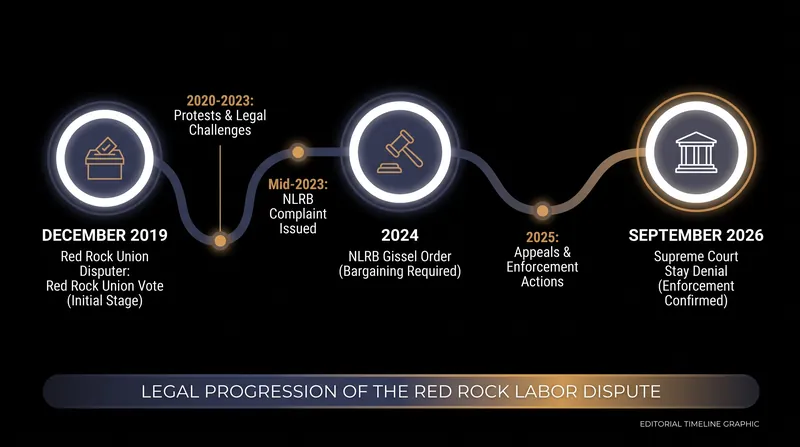 The legal timeline of the dispute between Red Rock Casino and the Culinary Union.
