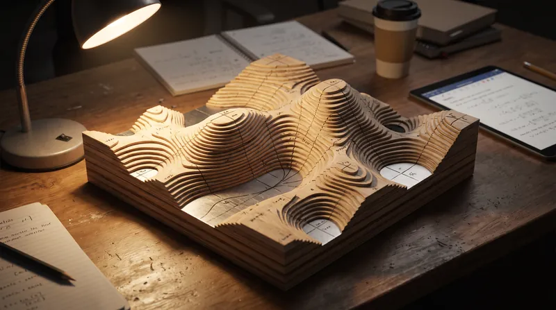 A physical model of a mathematical optimization landscape with peaks and valleys sitting on a desk.