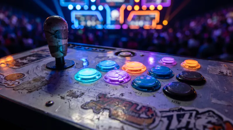 A close-up of a worn arcade fight stick with glowing Sanwa buttons under dramatic neon lighting.