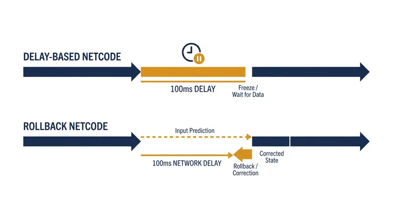 Unlike delay-based systems that freeze the game state, rollback architecture predicts inputs to keep the simulation moving.