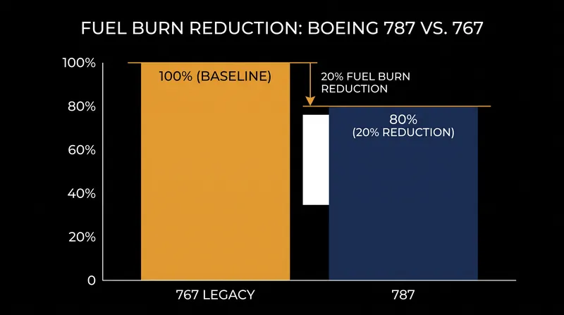 The combination of composite materials and a no-bleed architecture yields a 20 percent reduction in fuel consumption.