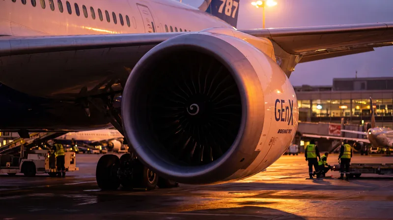 A close-up view of the massive fan blades inside a Boeing 787 Dreamliner jet engine.