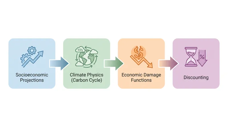 Integrated Assessment Models link atmospheric physics with economic damage functions to calculate the cost of a single ton of CO2.