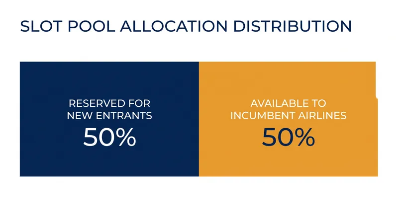 Under global guidelines, half of all slots returned to the pool are reserved for new market entrants.