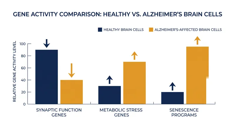 The structural degradation of the genome in Alzheimer's disease correlates with a reduction in synaptic activity and an increase in cellular stress.