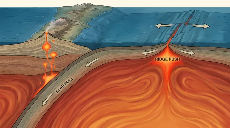 Cross-section diagram showing a dense oceanic plate sinking into the mantle at a subduction zone while magma rises at a mid-ocean ridge.