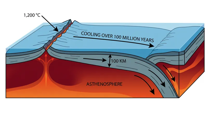 As oceanic lithosphere ages, it cools and thickens, eventually becoming dense enough to sink into the mantle.