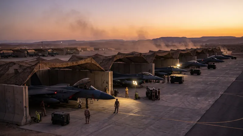 Military aircraft parked in defensive revetments along the flight line at an air base at dusk.