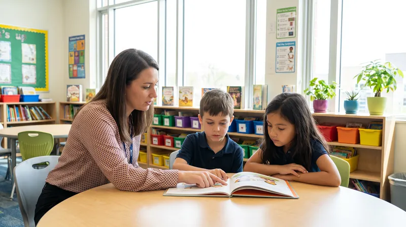 A tutor sits at a small table in a classroom, working closely with two elementary school students on a reading assignment.